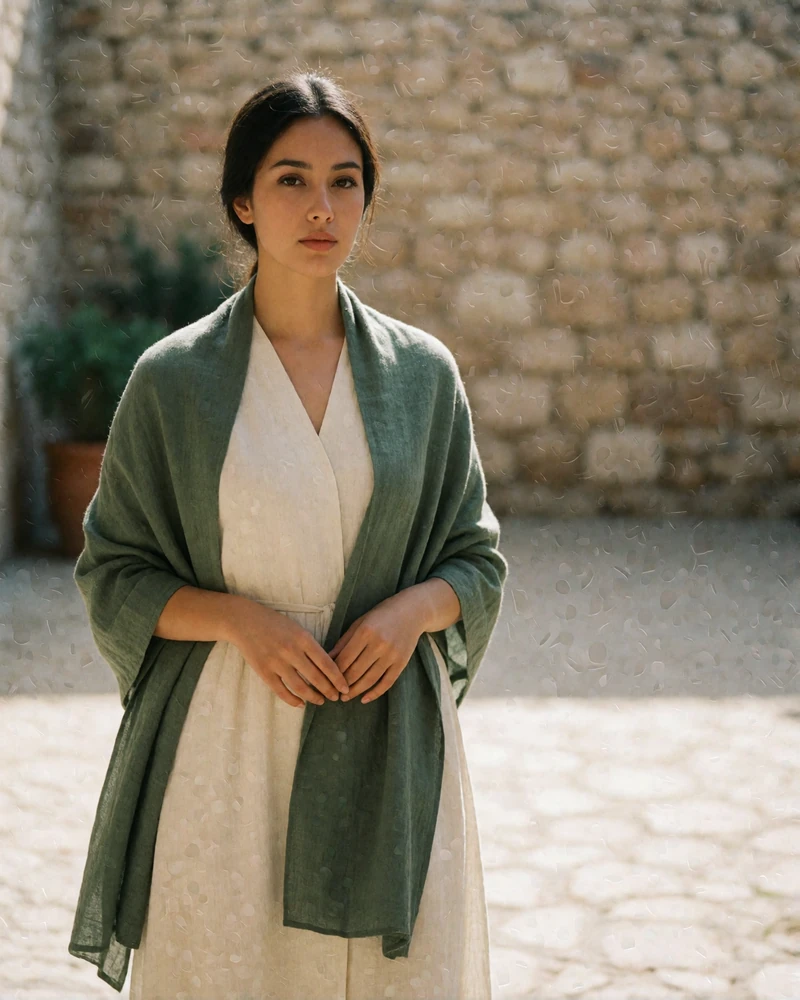 Tajik woman in a sage green shawl over an ivory dress standing in a sunlit stone courtyard.