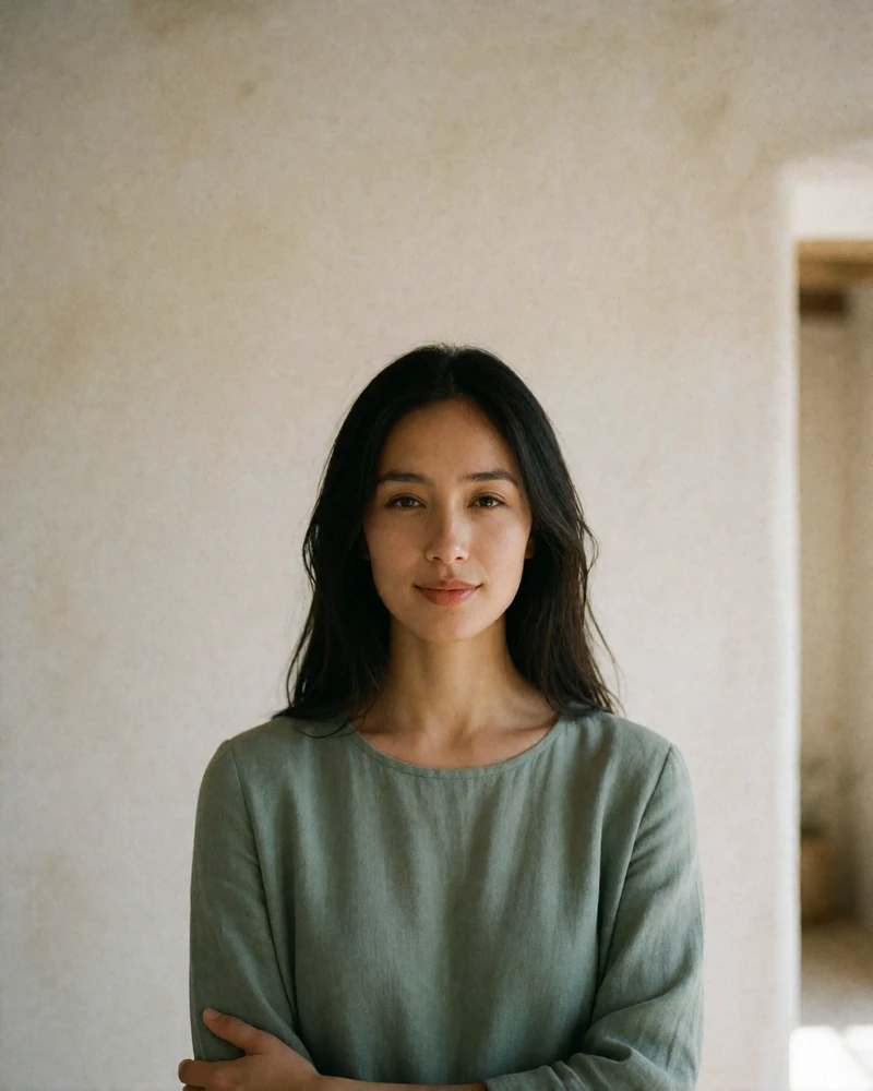 Kazakh woman in a sage-green blouse smiling warmly against a plain plaster wall.