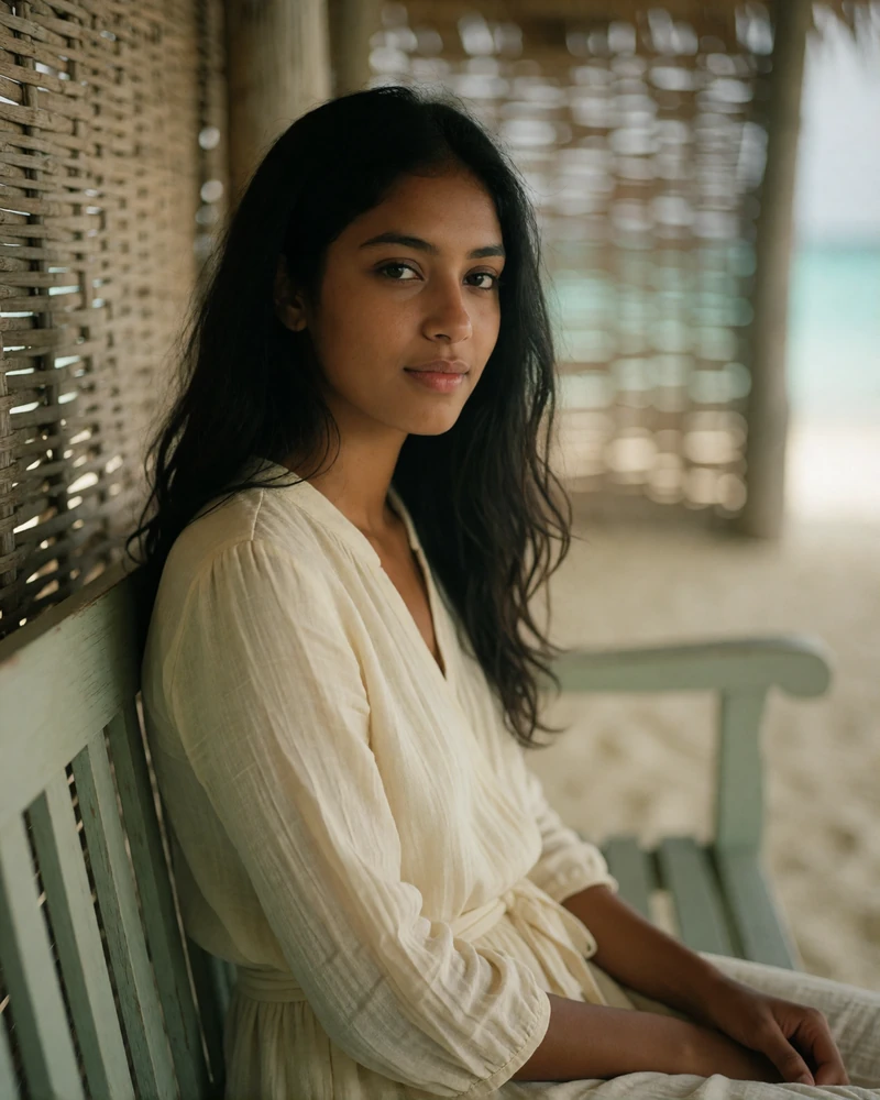 Maldivian woman in a cream blouse seated on a wooden veranda bench near soft blurred water.