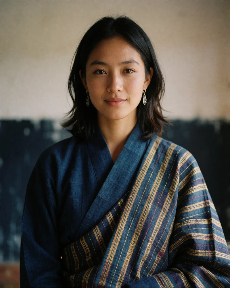 Bhutanese woman in an indigo handwoven kira with fine gold stripes.