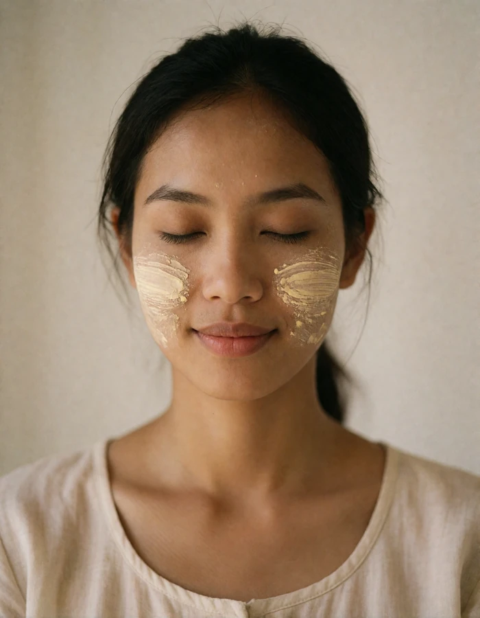 Burmese woman with a soft closed-lip smile against a plain warm off-white wall.