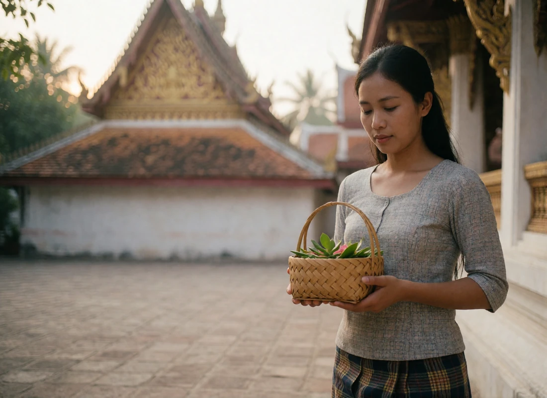 Lao woman holding a woven offering basket in a temple courtyard during soft morning light in Luang Prabang.