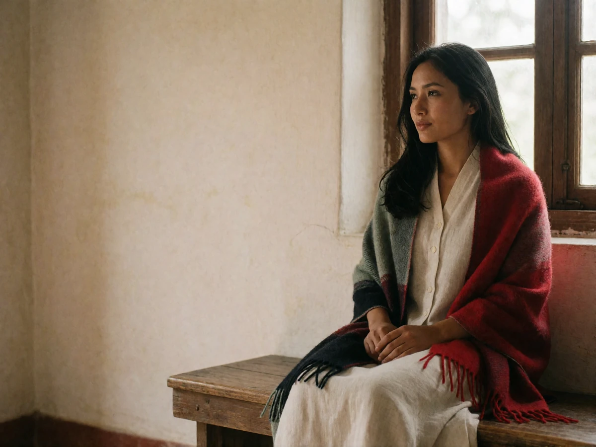 Nepali woman seated beside a window in a warm minimal interior with a woolen shawl across her lap.