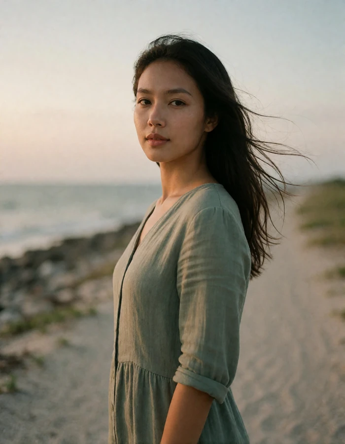 Indonesian woman in a sage linen dress on a sandy coastal pathway at early evening.