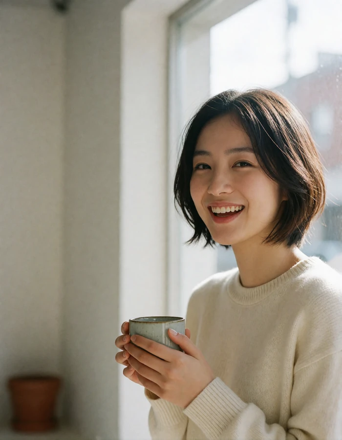 Japanese woman with a short bob haircut holding a ceramic cup inside a bright minimalist cafe.