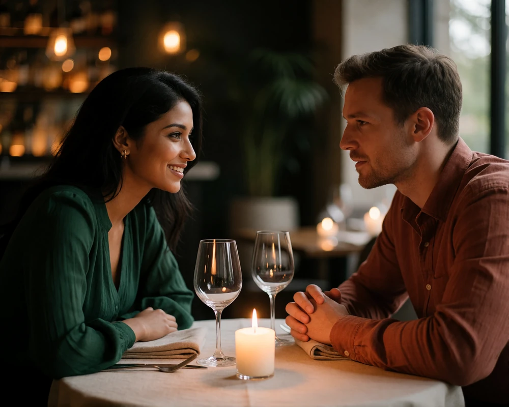 Couple seated at a candlelit restaurant table, the woman in a deep green blouse leaning forward with a smile.