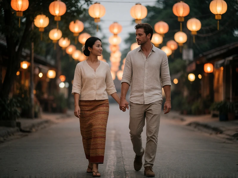 Couple walking hand in hand along a lantern-lit evening street, she in a woven sinh skirt.