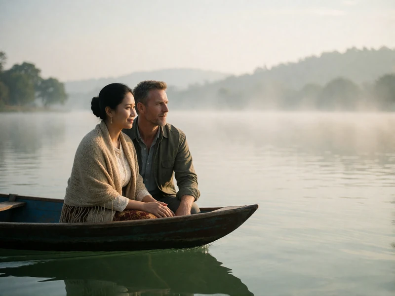 Couple sitting close together in a wooden boat crossing a calm lake at early morning.
