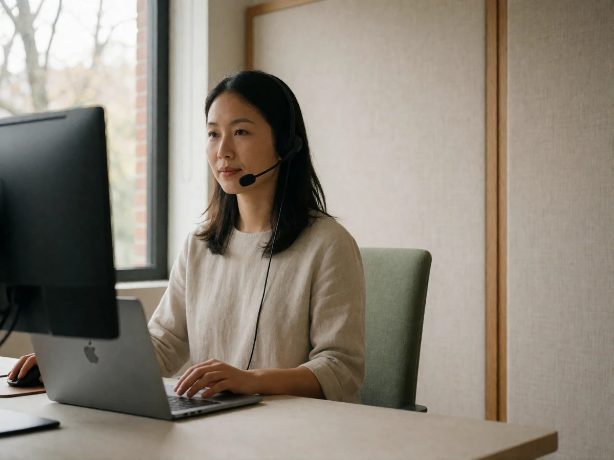 Asian customer support specialist working in a calm modern office.