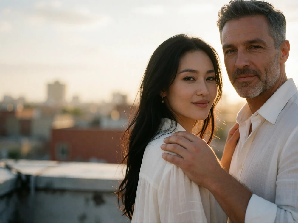 Couple standing together on an open rooftop terrace at golden hour, the woman smiling warmly toward the camera.