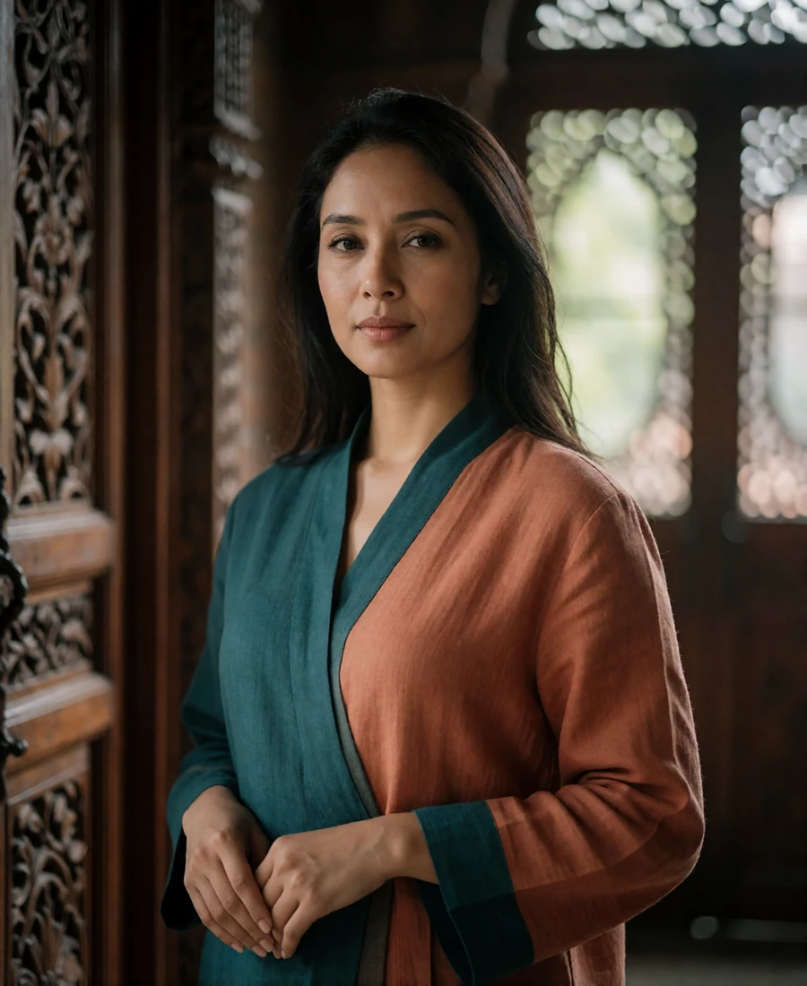 Bruneian woman in a warm-linen blouse standing in an interior with dark carved timber details.