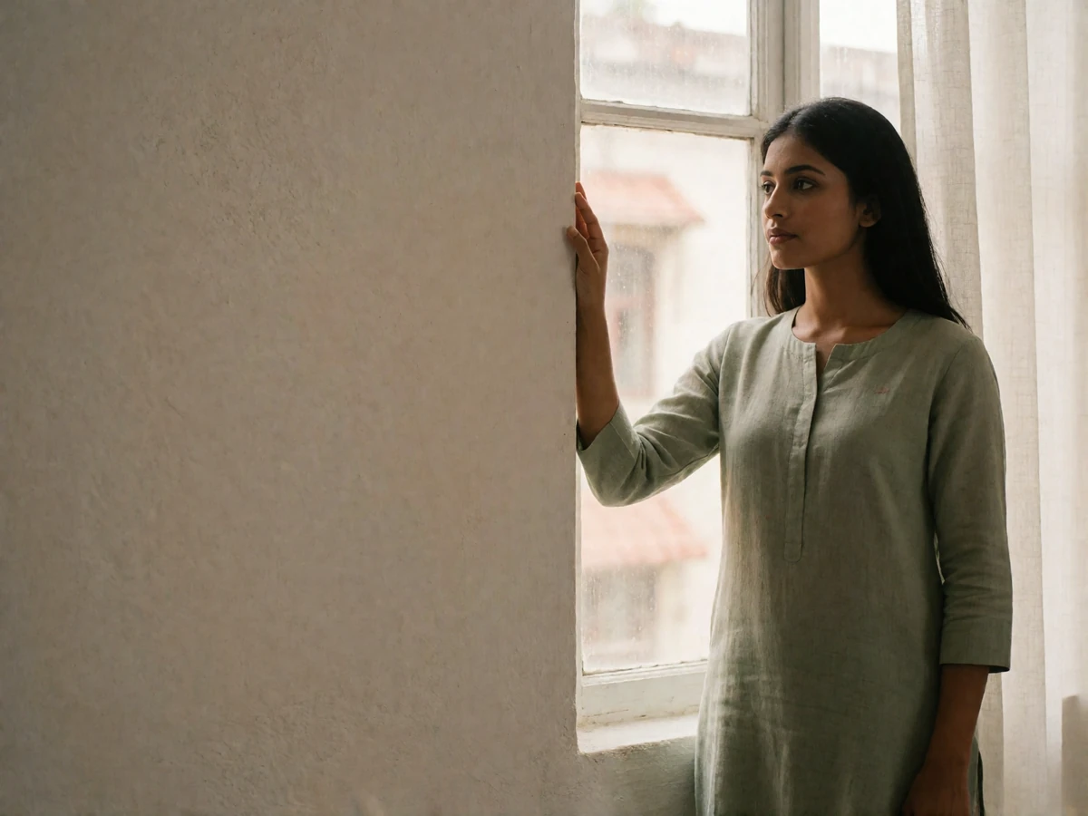 Bangladeshi woman in a sage kurta standing beside a tall studio window in soft daylight.