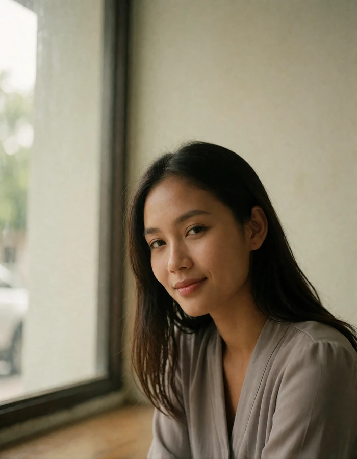 Thai woman in a soft warm gray blouse smiling gently beside a large cafe window.