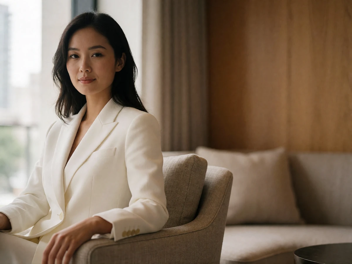 Elegant Asian woman in an ivory blazer sitting in a hotel lounge armchair, smiling directly at the camera.