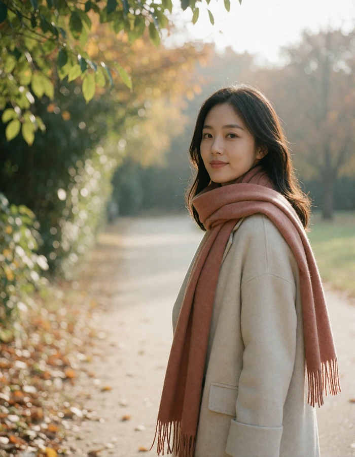 Korean woman walking through a quiet autumn park path wearing a soft terracotta scarf.