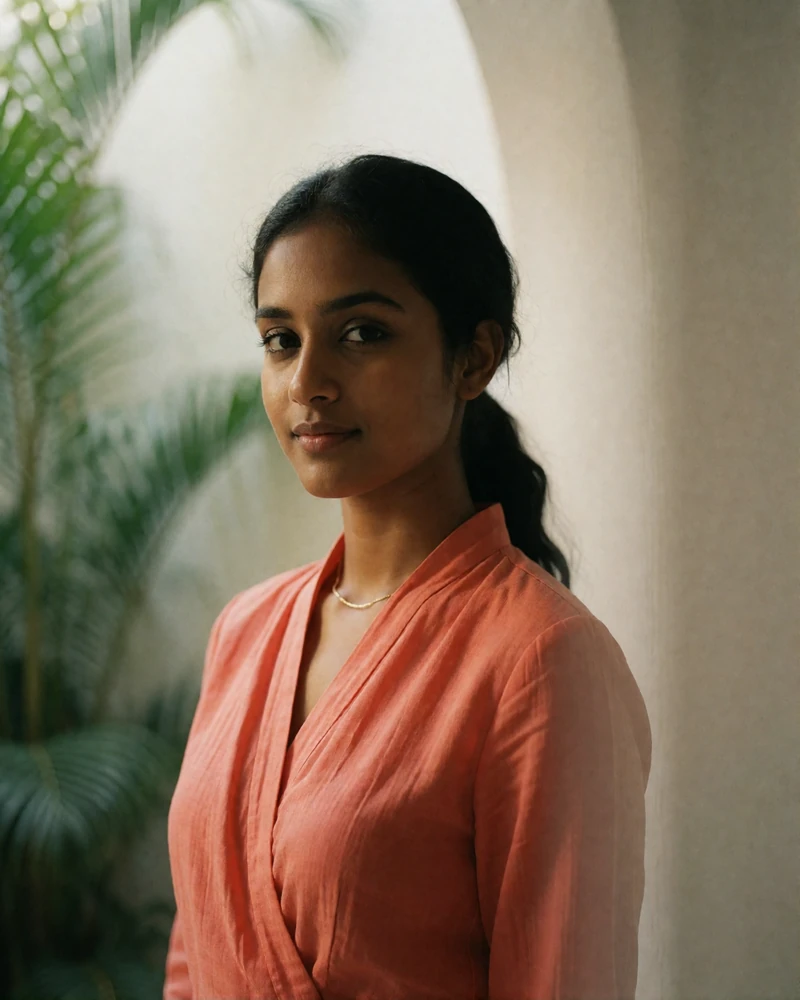 Sri Lankan woman in a coral wrap blouse standing in a tropical courtyard.
