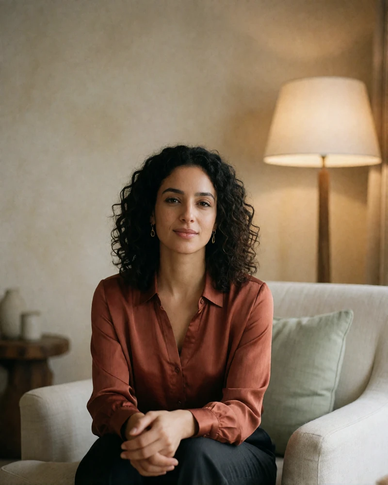 Jordanian woman in a terracotta silk blouse seated in an upscale hotel lounge.