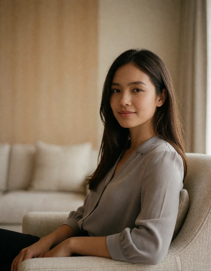 Cambodian woman relaxing in an upscale hotel lounge armchair with a warm smile.