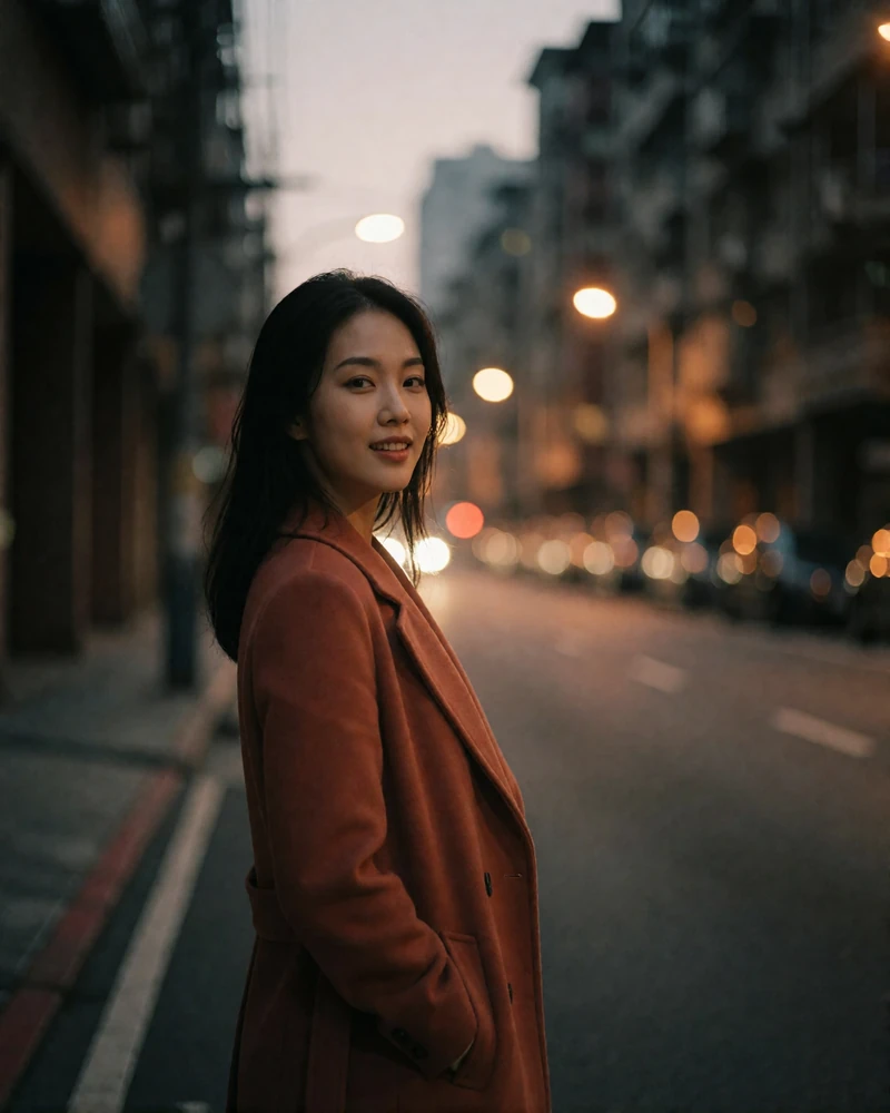Taiwanese woman in a terracotta coat glancing toward the camera on a quiet city street at dusk.