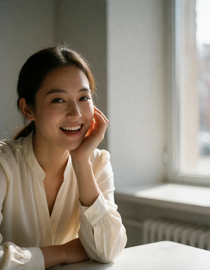 Mongolian woman with hair tied back laughing softly at a bright minimalist cafe table.