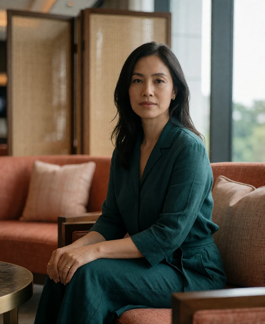 Singaporean woman in a deep-teal outfit seated in a sophisticated hotel lounge.