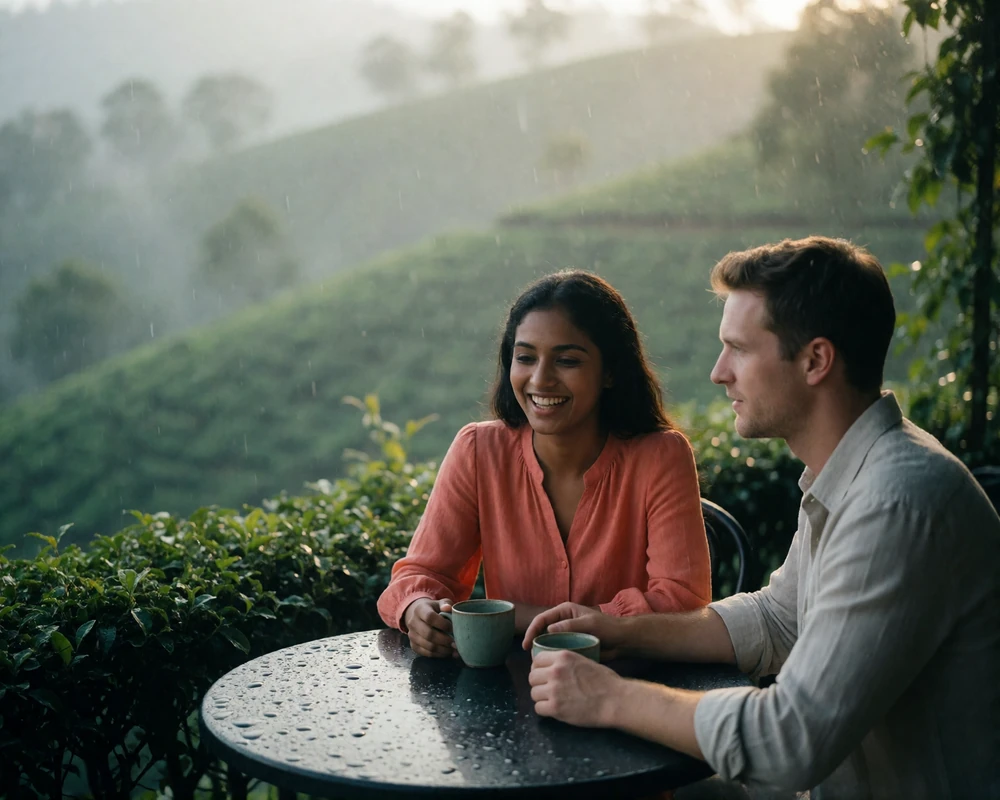 Couple seated at a table on a highland terrace overlooking tea slopes in morning haze.