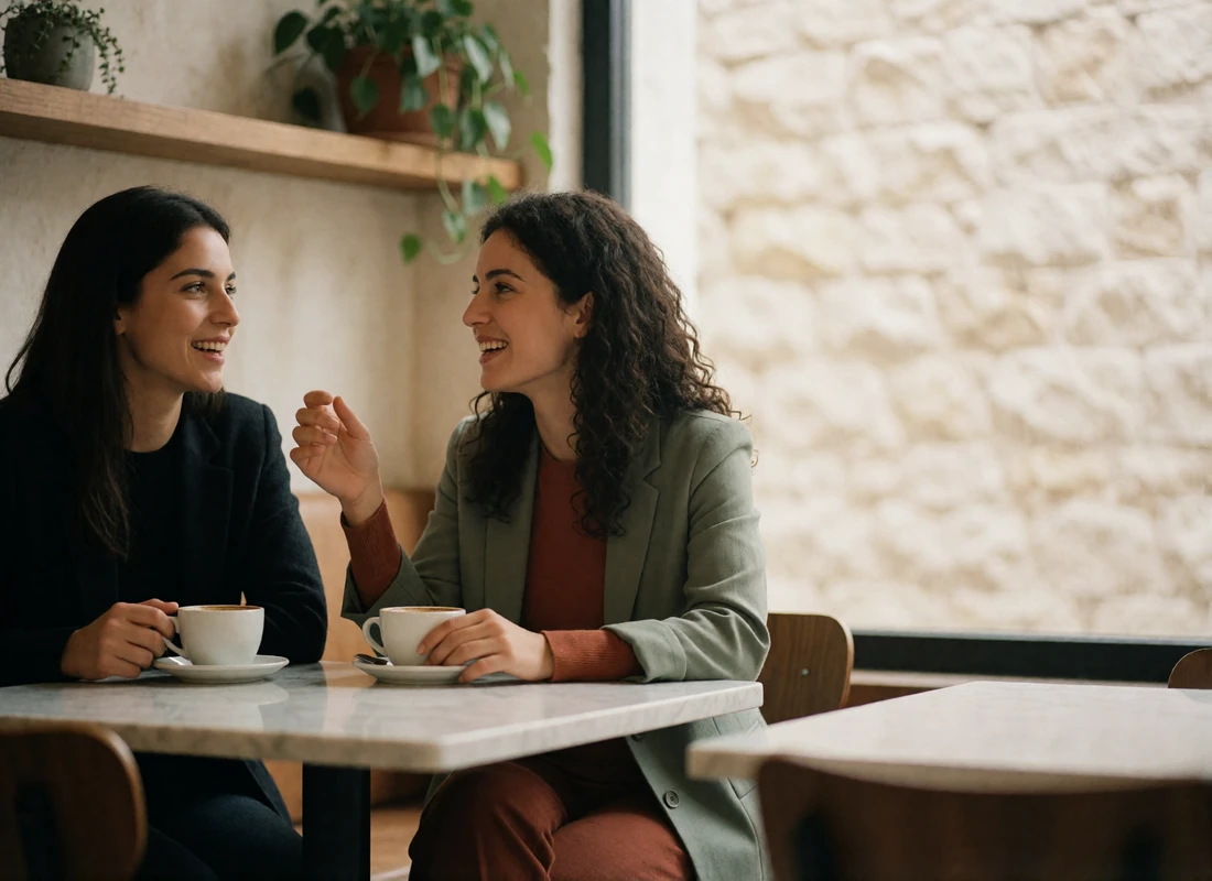 Two Jordanian women talking and laughing over coffee at a marble café table in Amman.