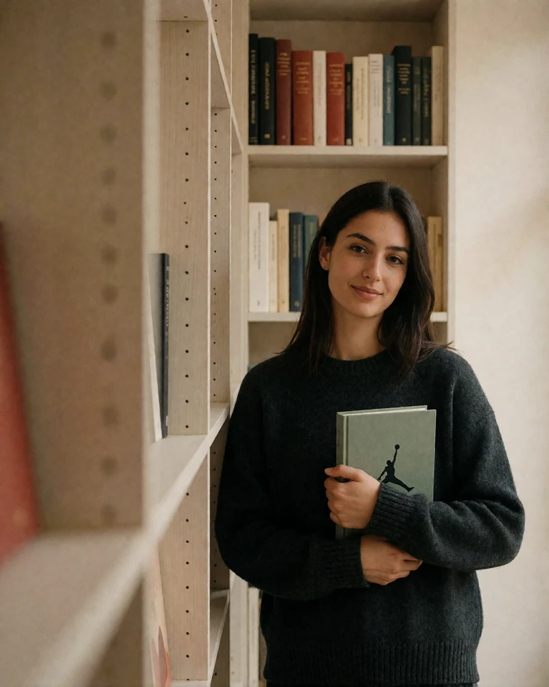 Jordanian woman in a charcoal knit sweater holding a book in a quiet bookshop.