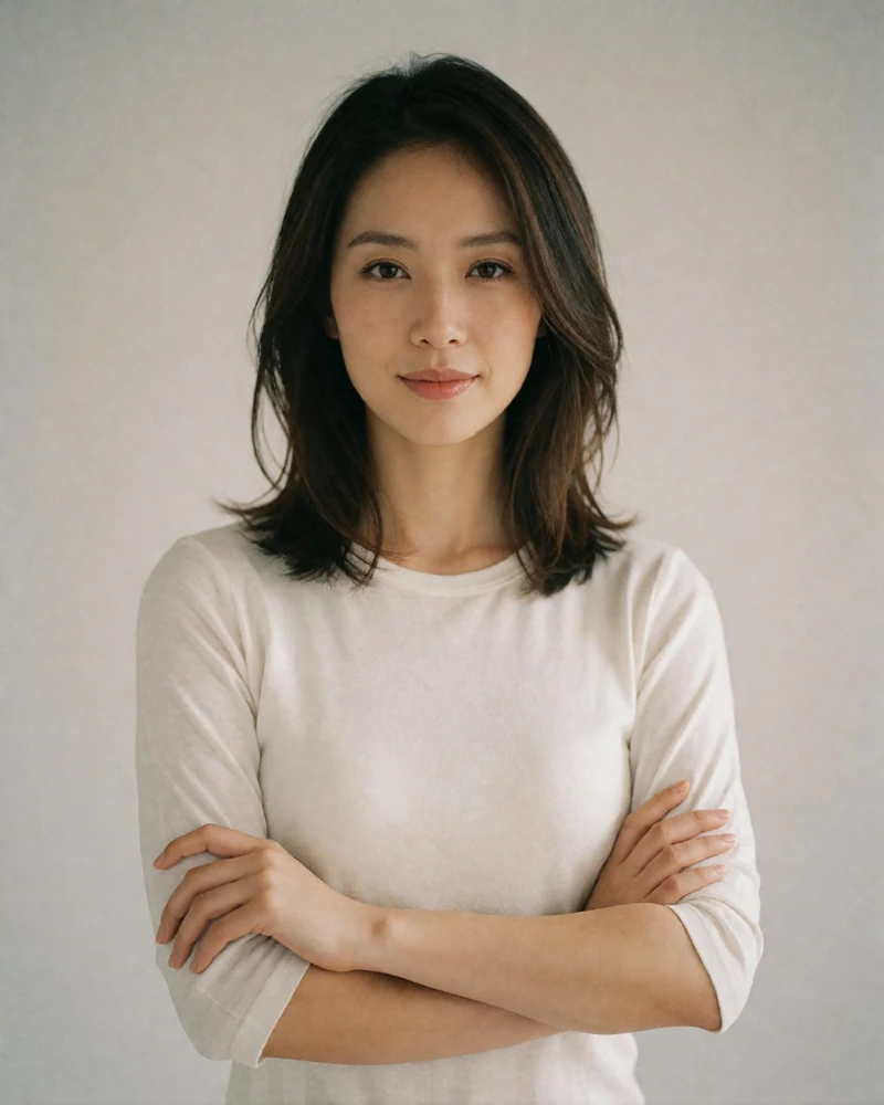 Taiwanese woman in a fitted white shirt standing composed against a plain pale studio backdrop.
