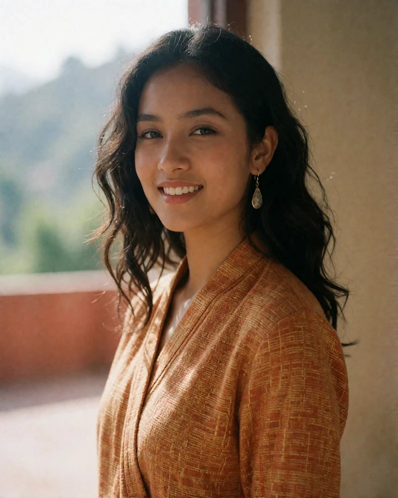 Nepali woman in an amber-toned wrap top standing on a sunlit terrace.