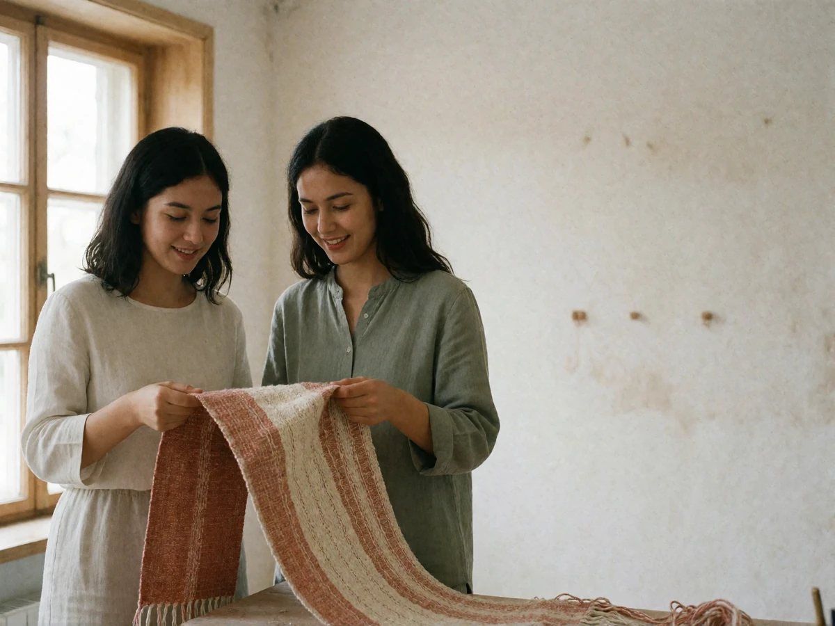 Two Turkmen women examining a hand-woven terracotta and cream textile together in a bright craft studio.