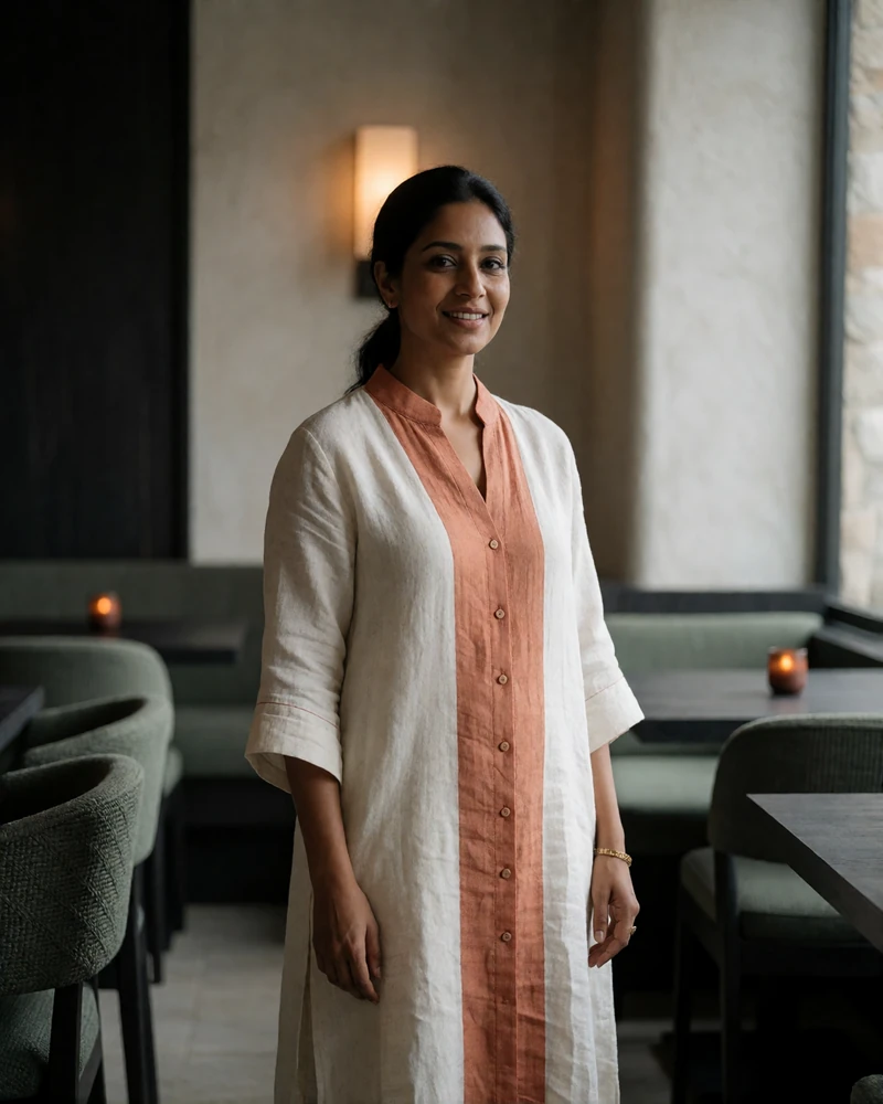 Indian woman in a refined restaurant foyer