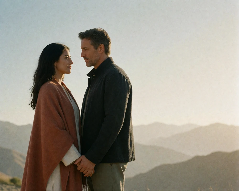 Couple standing hand in hand at a mountain overlook with hazy ridges in the distance.