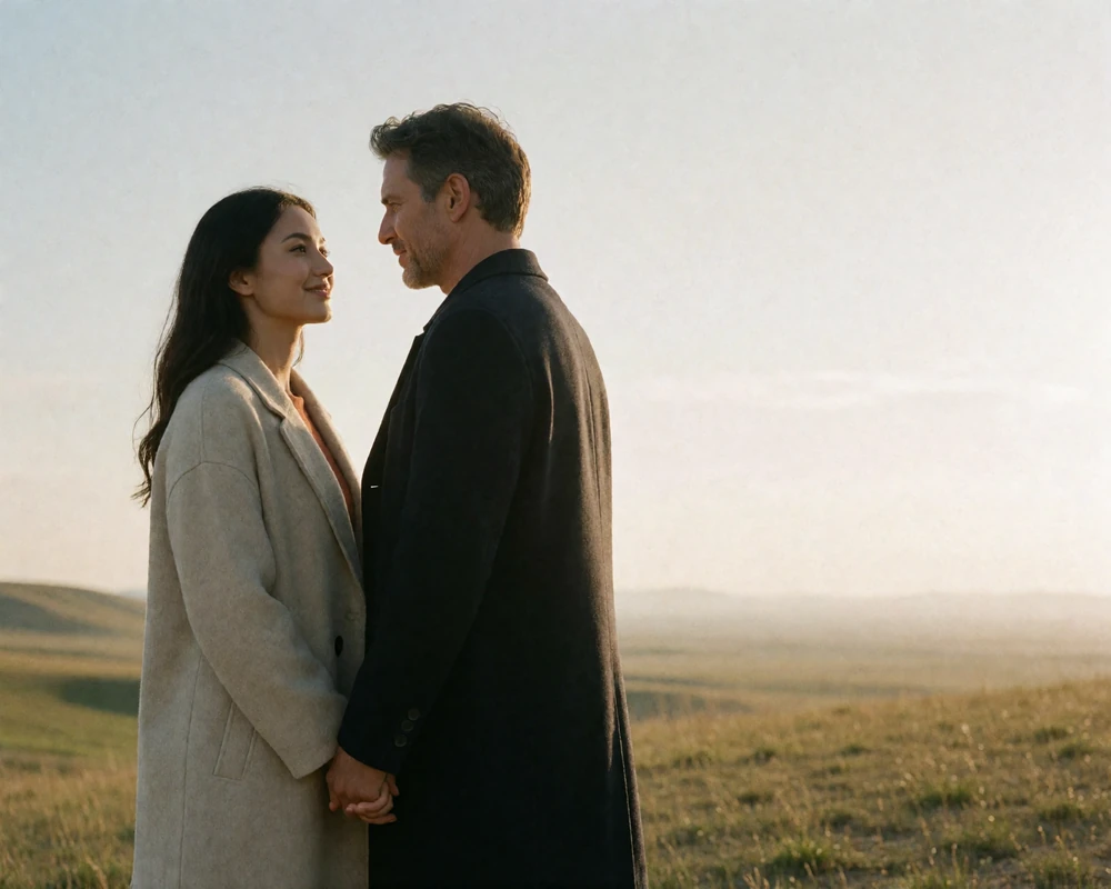 Couple holding hands on an open grassland overlook at golden hour, distant hills in the background.