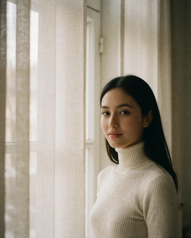 Kazakh woman in an ivory turtleneck standing beside a sunlit window with sheer curtains.