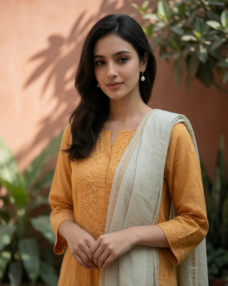 Pakistani woman in a saffron embroidered kameez in front of a terracotta garden wall.