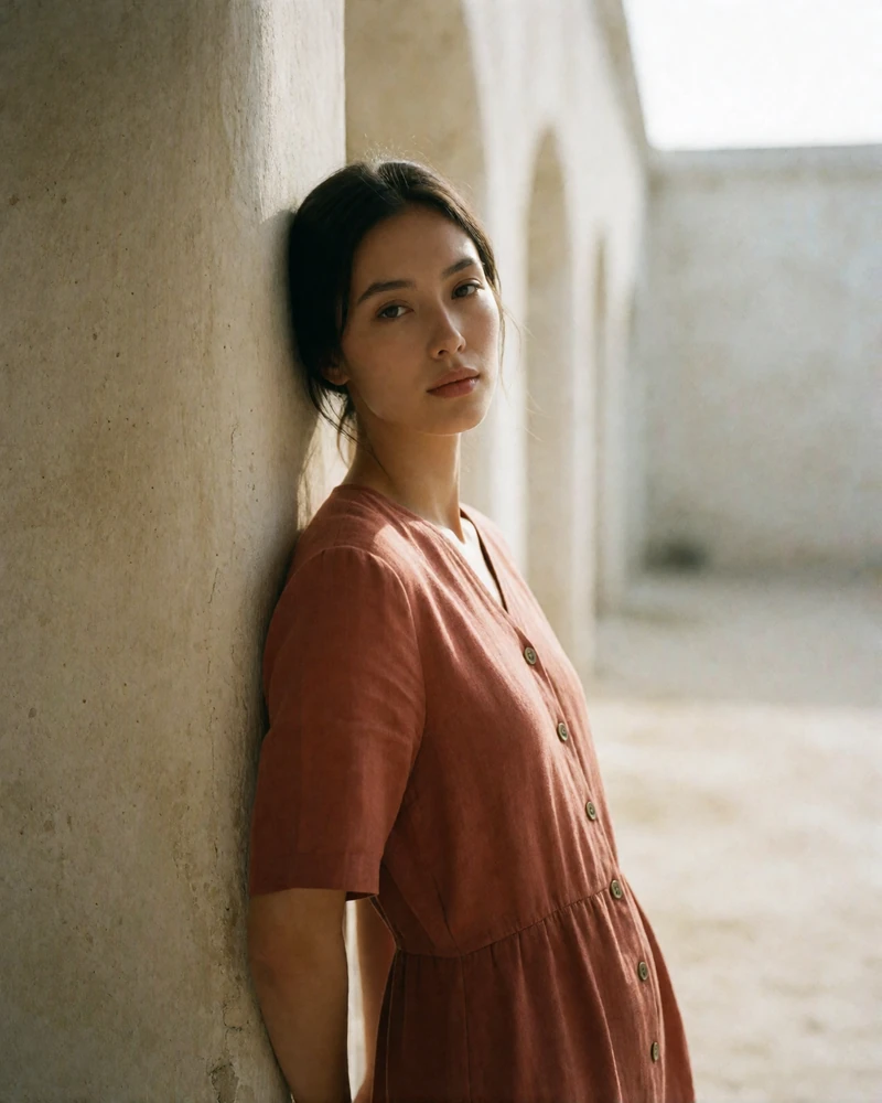 Kyrgyz woman in a terracotta linen dress leaning against a pale plaster column in Osh.
