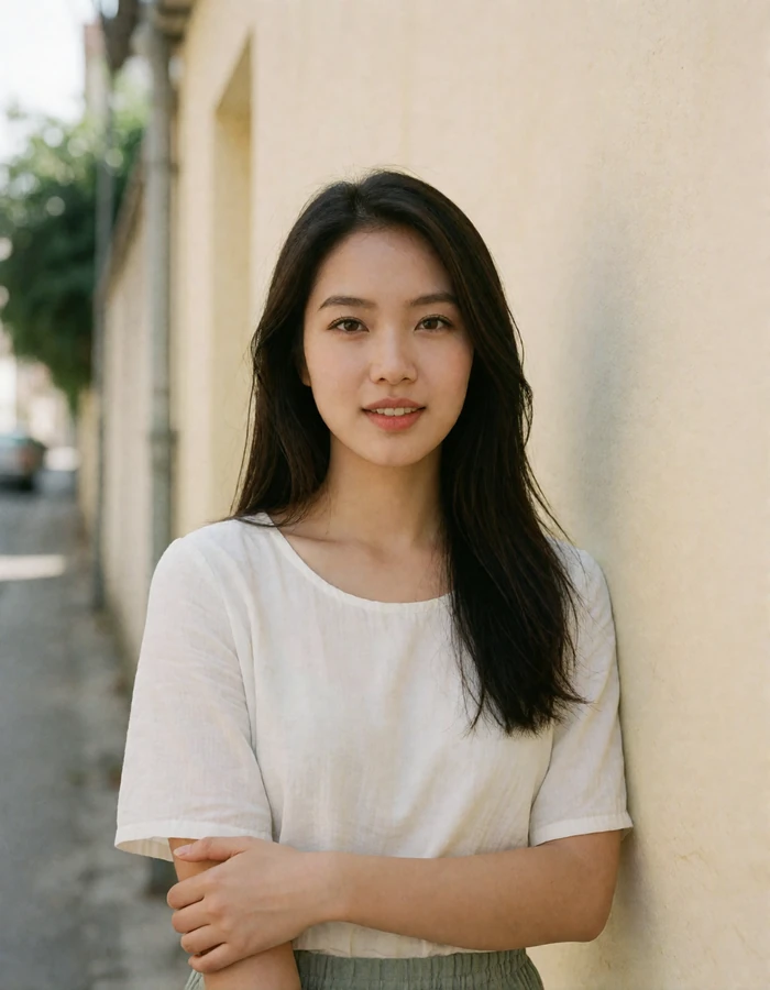 Vietnamese woman in a white blouse standing against a pale yellow wall on a quiet street.