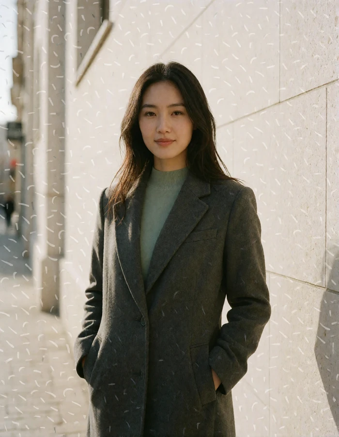 Mongolian woman in a tailored charcoal coat standing against a pale stone wall on a quiet city street.