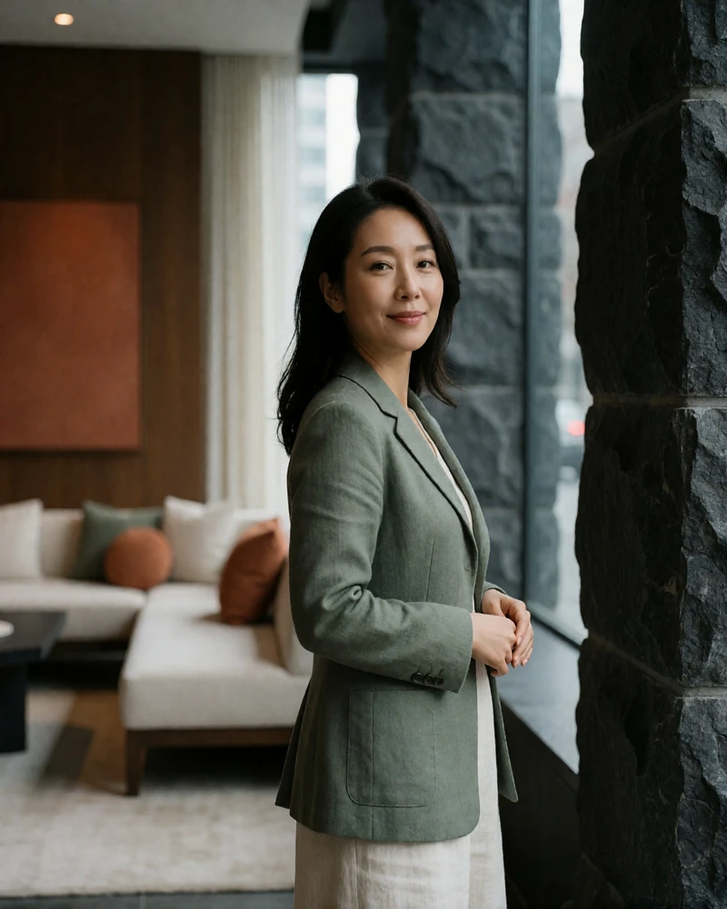 Korean woman in an elegant city hotel lobby