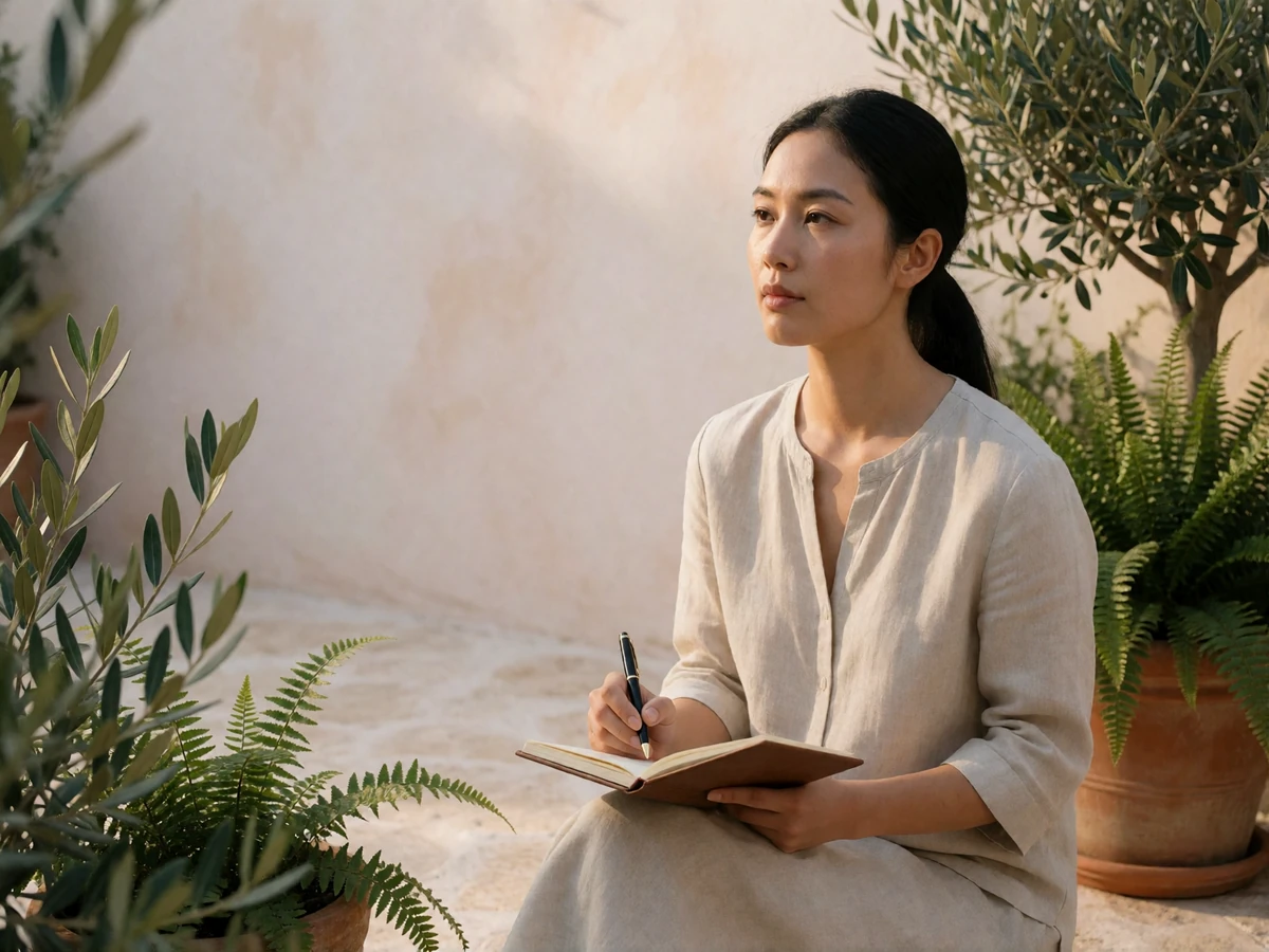 Asian woman writing thoughtfully in a notebook on a sunlit stone terrace with greenery nearby.