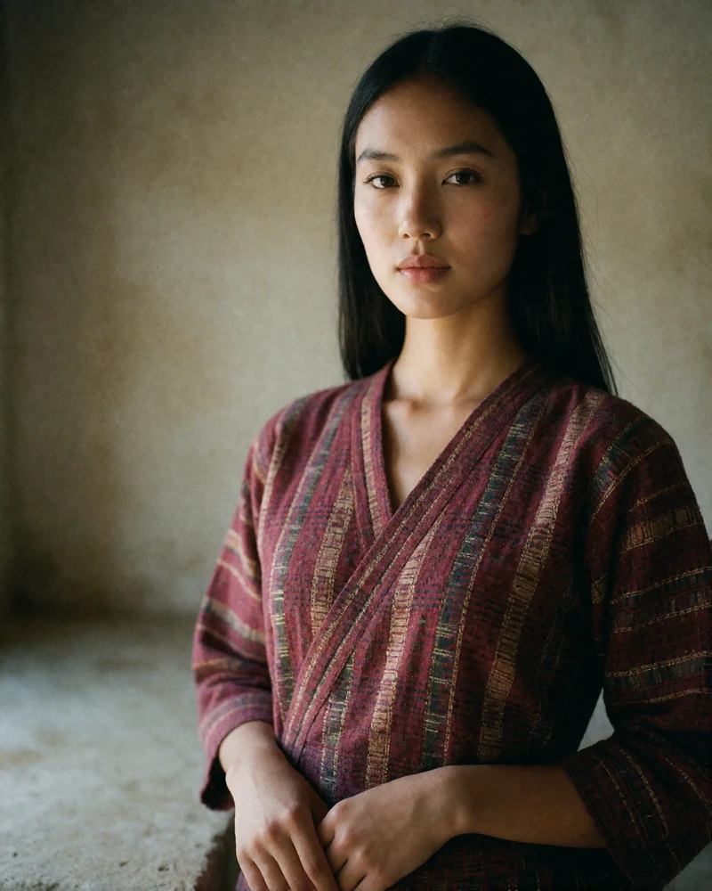 Bhutanese woman in a deep maroon woven top standing against a plaster wall.