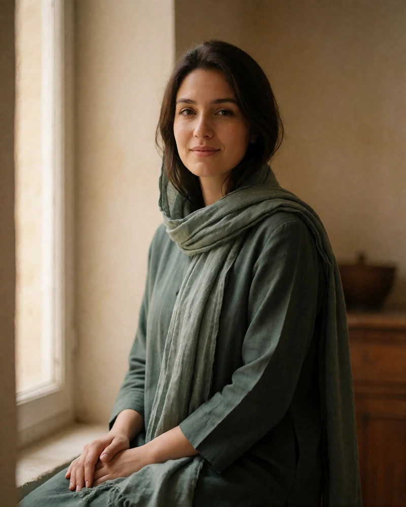 Afghan woman seated near a tall window in a deep-sage tunic with a softly draped scarf.