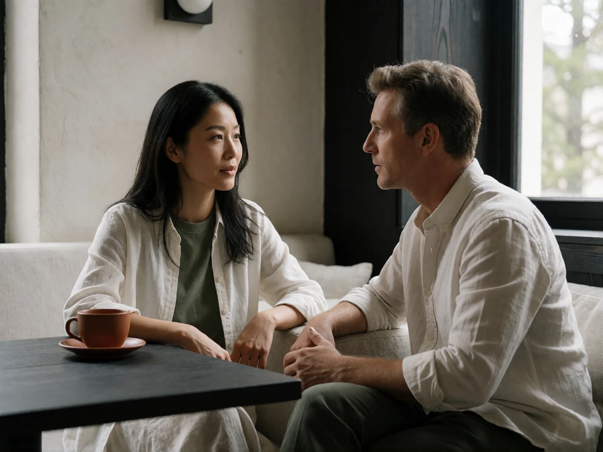 Asian woman and American man talking over coffee in an elegant hotel cafe.