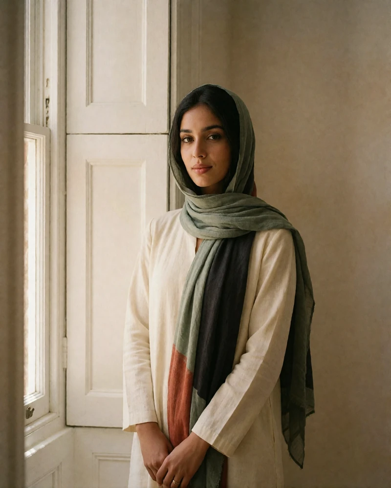 Yemeni woman in a cream long-sleeved dress and sage headscarf standing beside a tall shuttered window.