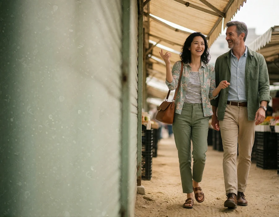 Taiwanese woman and Western man laughing together while walking through an open-air market lane.