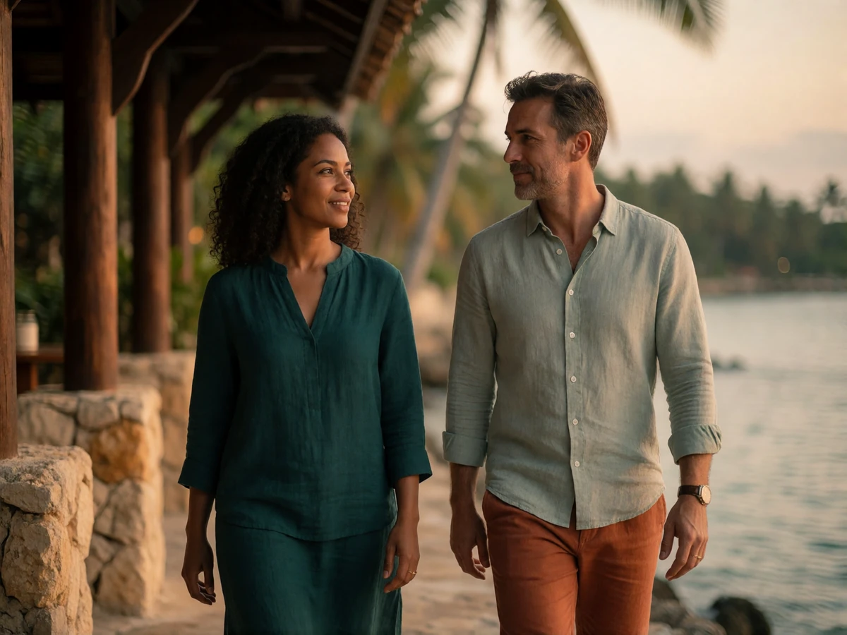 Timorese woman and a foreign man walking together along an elegant waterfront terrace in warm late-afternoon light.