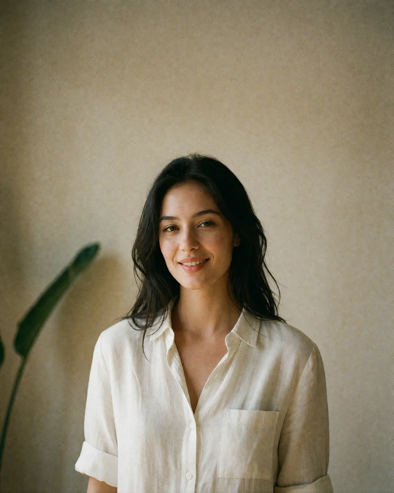 Kyrgyz woman in a white shirt smiling warmly against a plain putty-toned wall in Bishkek.