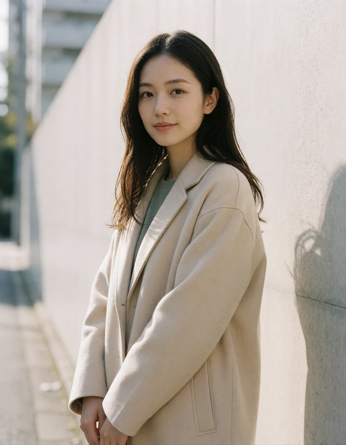 Japanese woman in a tailored beige coat standing against a pale concrete wall in a modern city street.