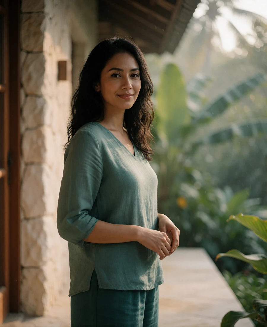Bruneian woman in a sage-green outfit standing on a shaded veranda beside a tropical garden.